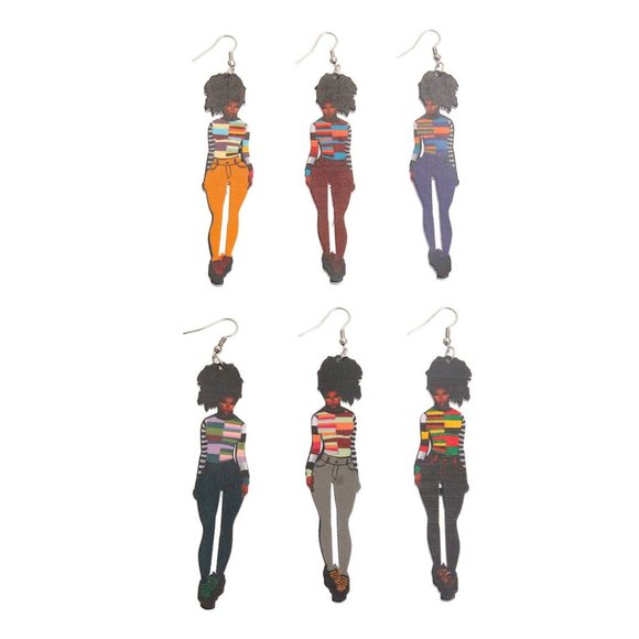 African American Black Woman Jeans Wooden Earrings - Picture 2 of 2